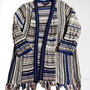 Peck & Peck Tribal Crochet Knit Fringe Open Cardigan Sweater Gold Chain Trim
